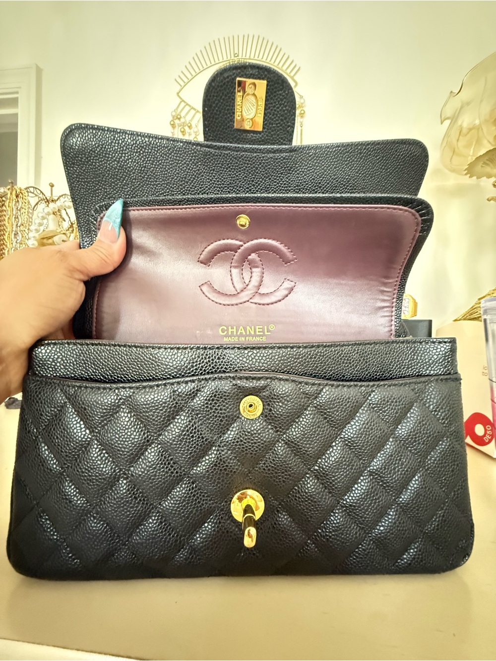 Black Quilted Caviar Leather Shoulder Bag with Shiny Gold Hardware - Picture 10 of 14